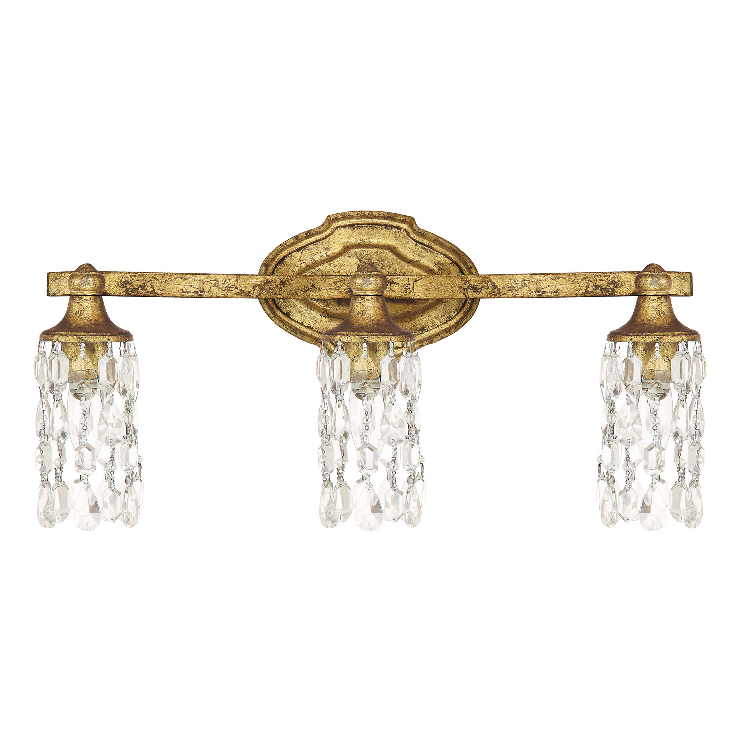 20.5" W x 10" H x 6" E 3-Light Vanity in Antique Gold with Crystal Shades