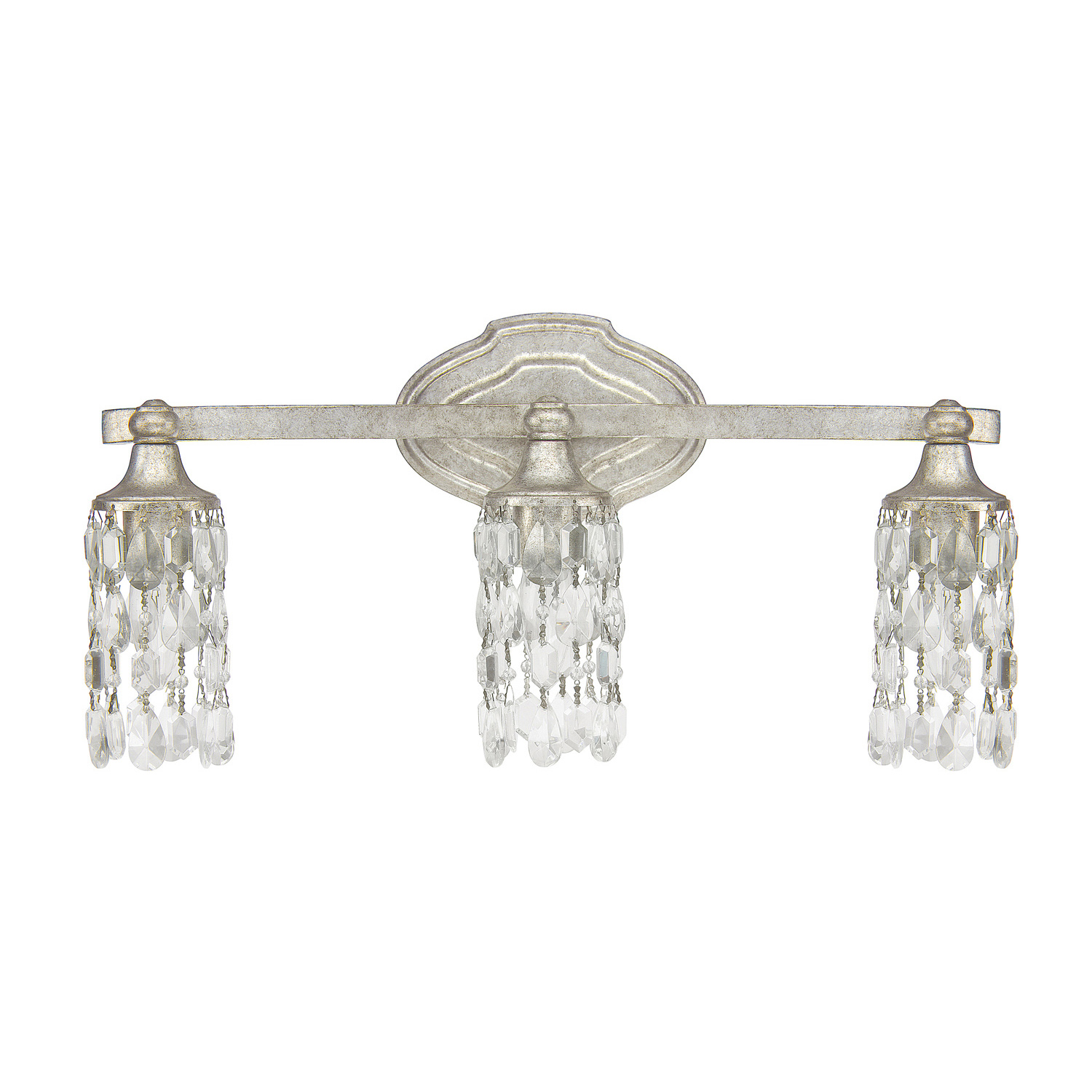 20.5" W x 10" H x 6" E 3-Light Vanity in Antique Silver with Crystal Shades