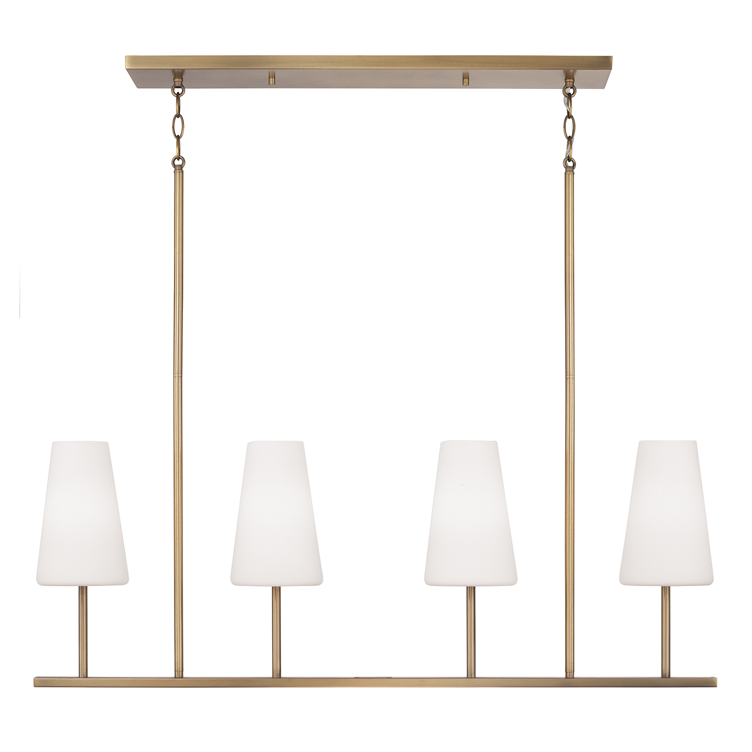 42" W x 15" H 4-Light Modern Linear Chandelier in Aged Brass with Tapered Soft White Glass