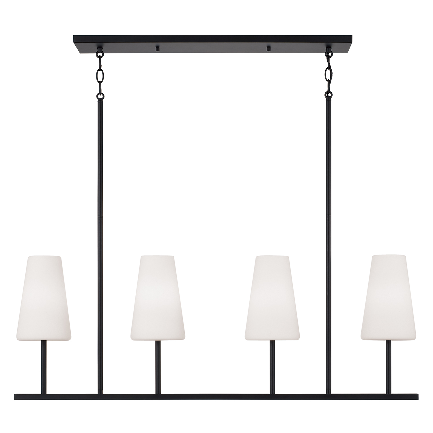 43" W x 15" H 4-Light Modern Linear Chandelier in Matte Black with Tapered Soft White Glass