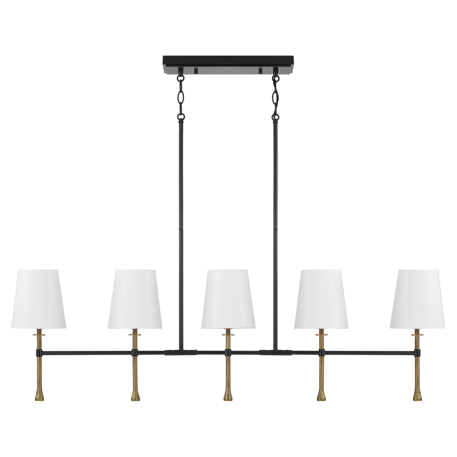 48" W x 18.75" H 5-Light Linear Chandelier in Matte Black with Textured Hammered Gold Tails and White Fabric Shades