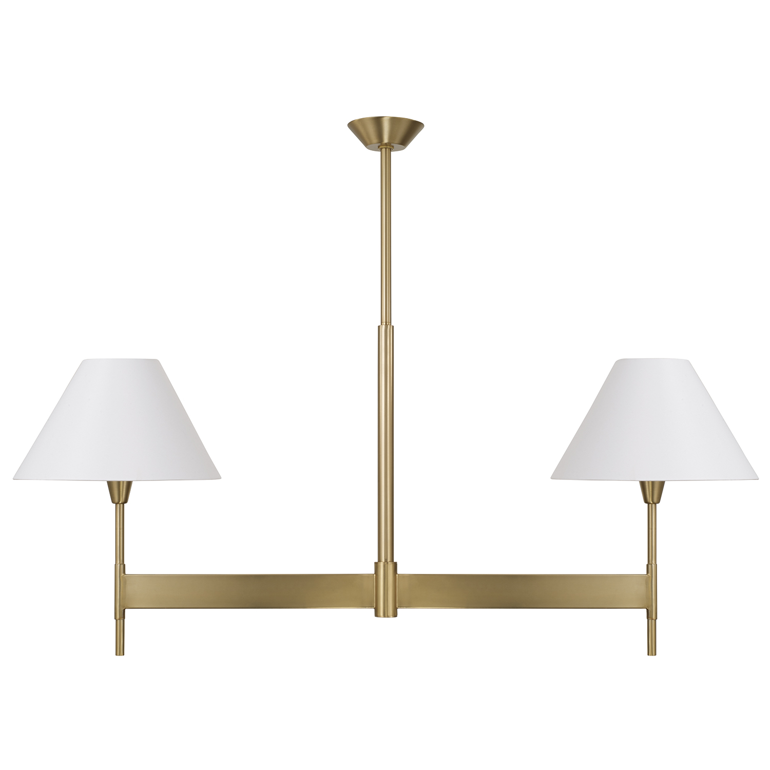 50" W x 22.5" H 2-Light Linear Chandelier in Aged Brass with White Fabric Shades and Designer Canopy