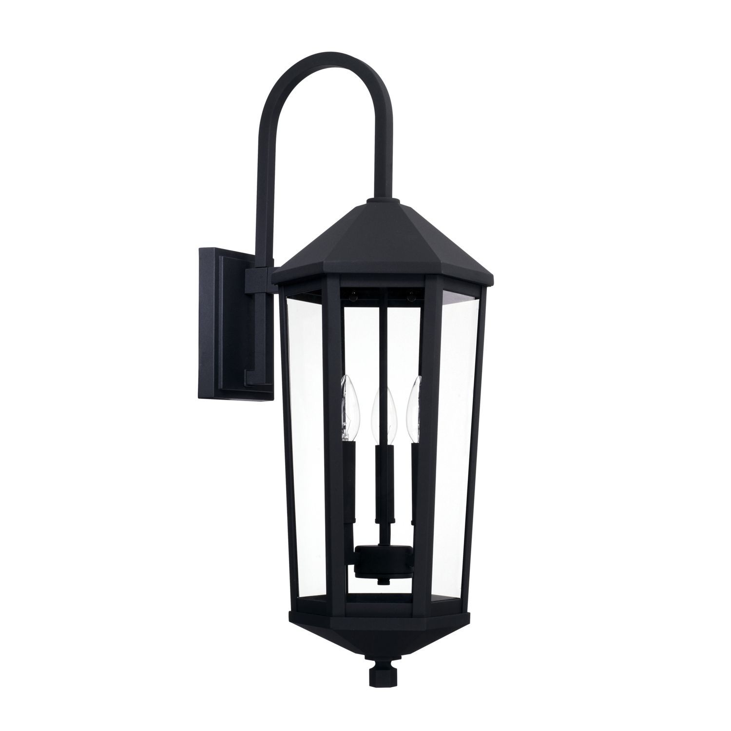10"W x 29"H 3-Light Clear Glass Outdoor Wall Lantern in Black