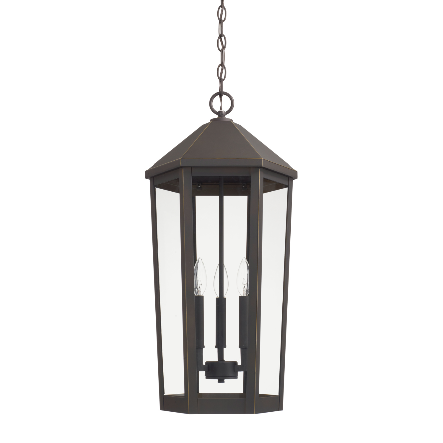 12.5" W x 26" H 3-Light Clear Glass Outdoor Hanging Lantern in Oiled Bronze