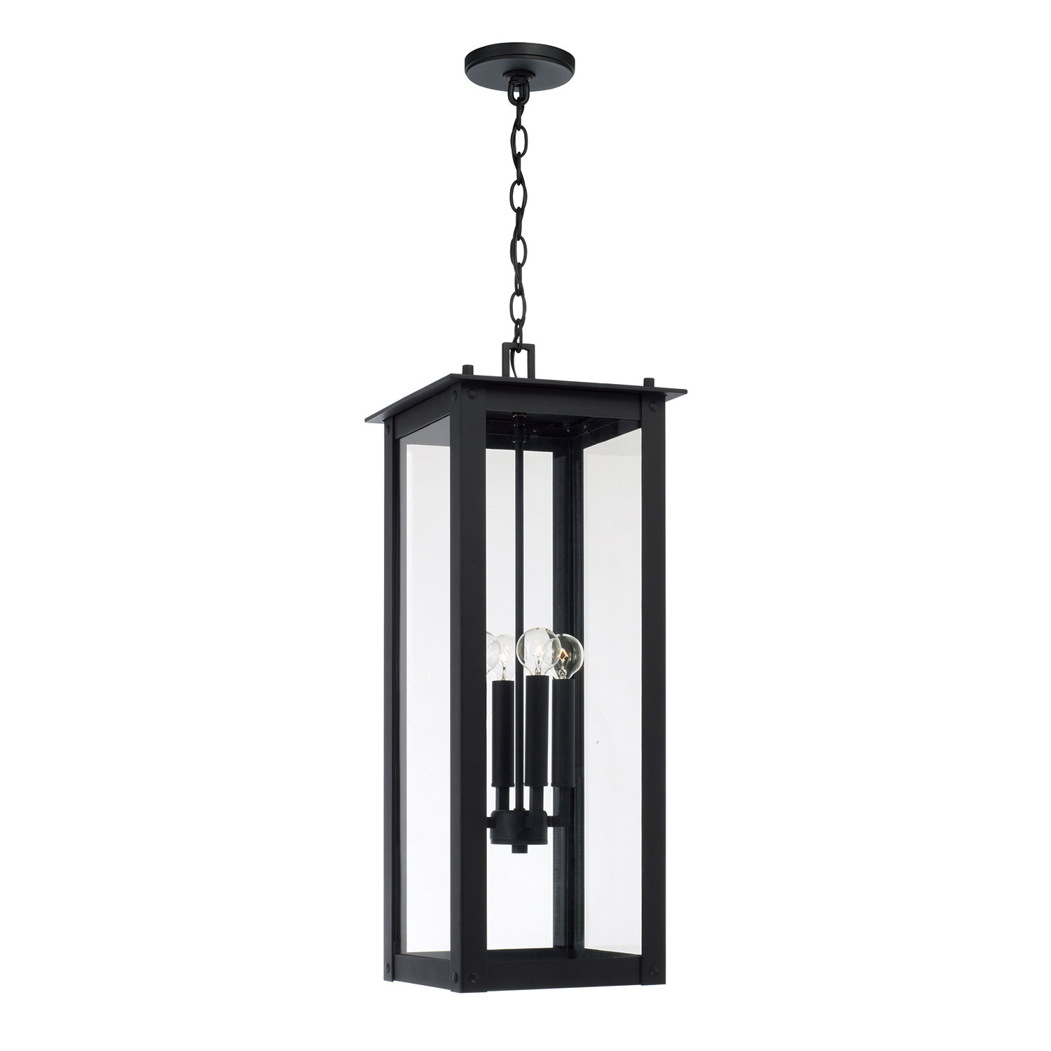 11" W x 28.5" H 4-Light Outdoor Rectangular Hanging Lantern in Black with Clear Glass