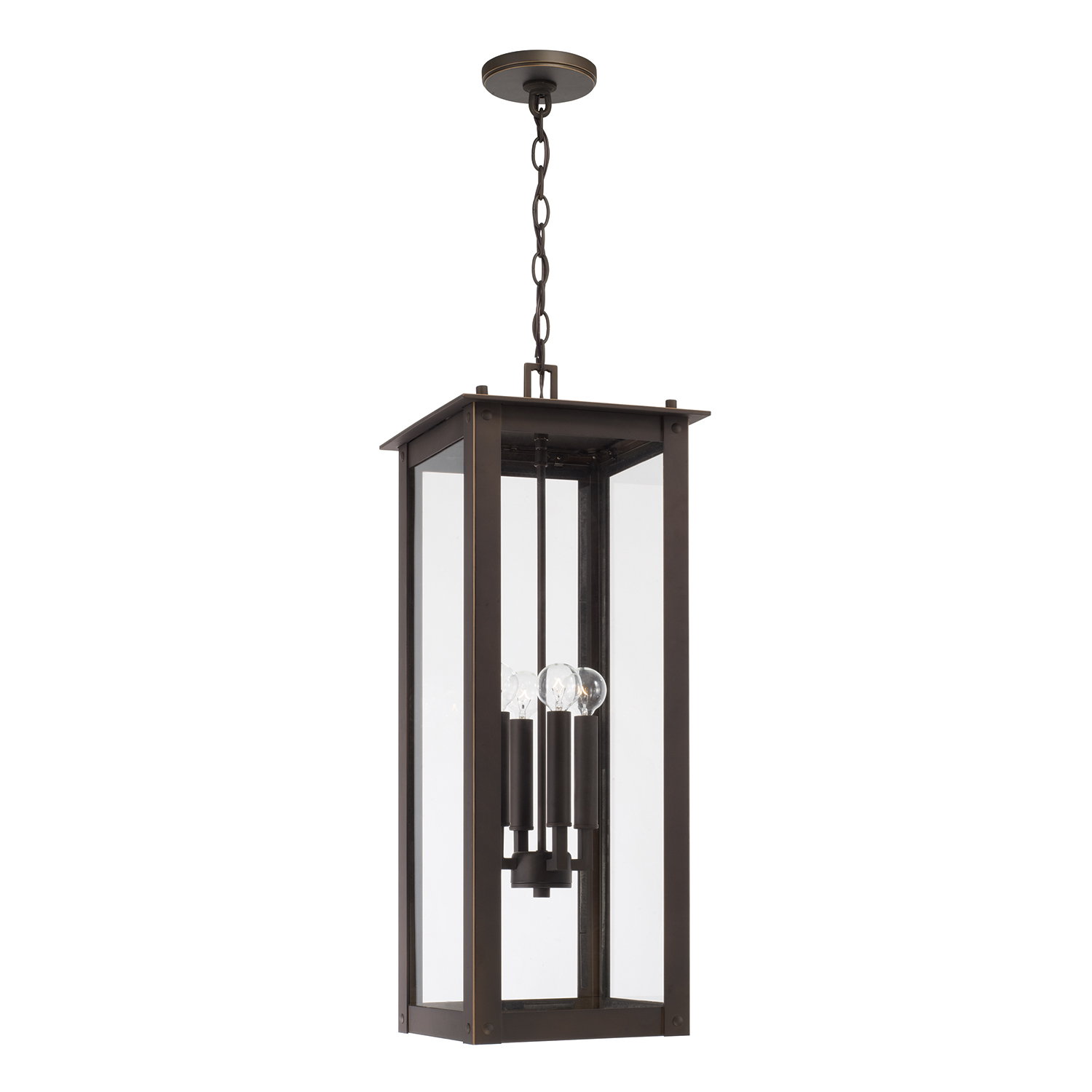 12" W x 28.5" H 4-Light Outdoor Rectangular Hanging Lantern in Oiled Bronze with Clear Glass