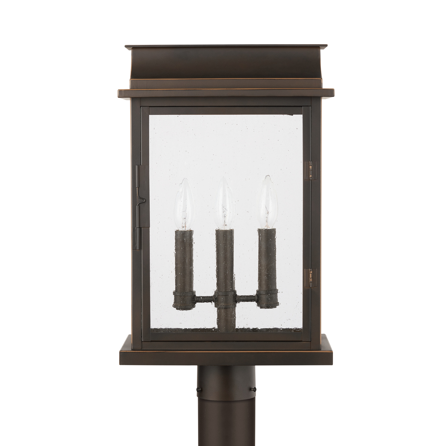12" W x 20" H 3-Light Antiqued Glass Outdoor Post Lantern Fits 3" Post (sold separately) in Oiled Bronze