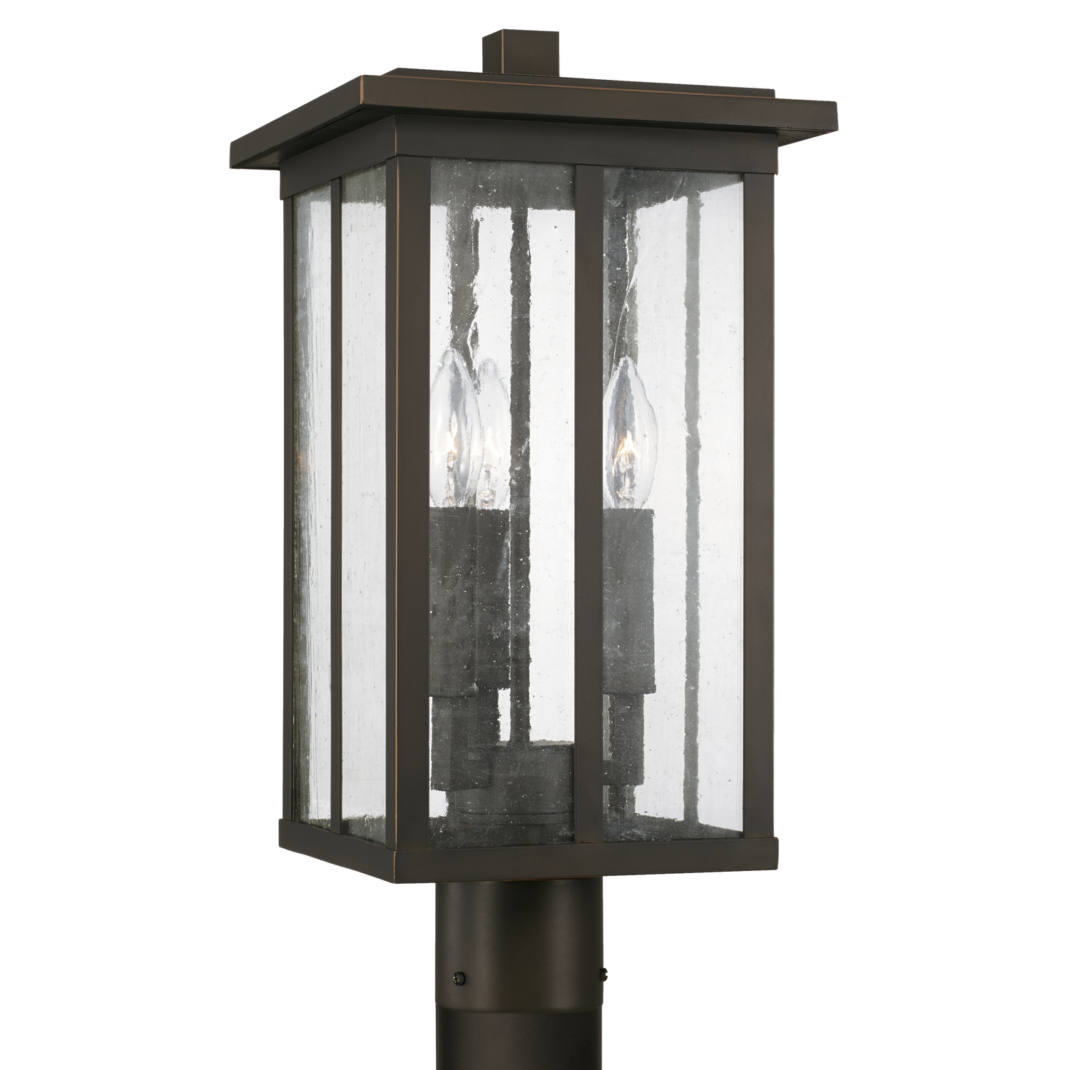 9" W x 19" H 3-Light Outdoor Post Lantern in Oiled Bronze with Antiqued Glass