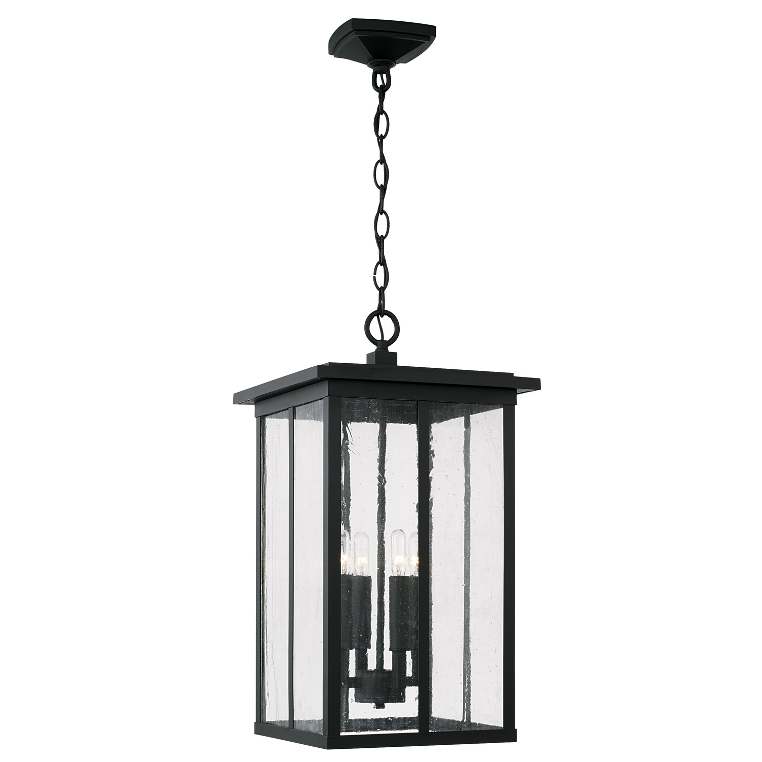 11.5" W x 21" H 4-Light Outdoor Hanging Lantern Pendant in Black with Antiqued Glass