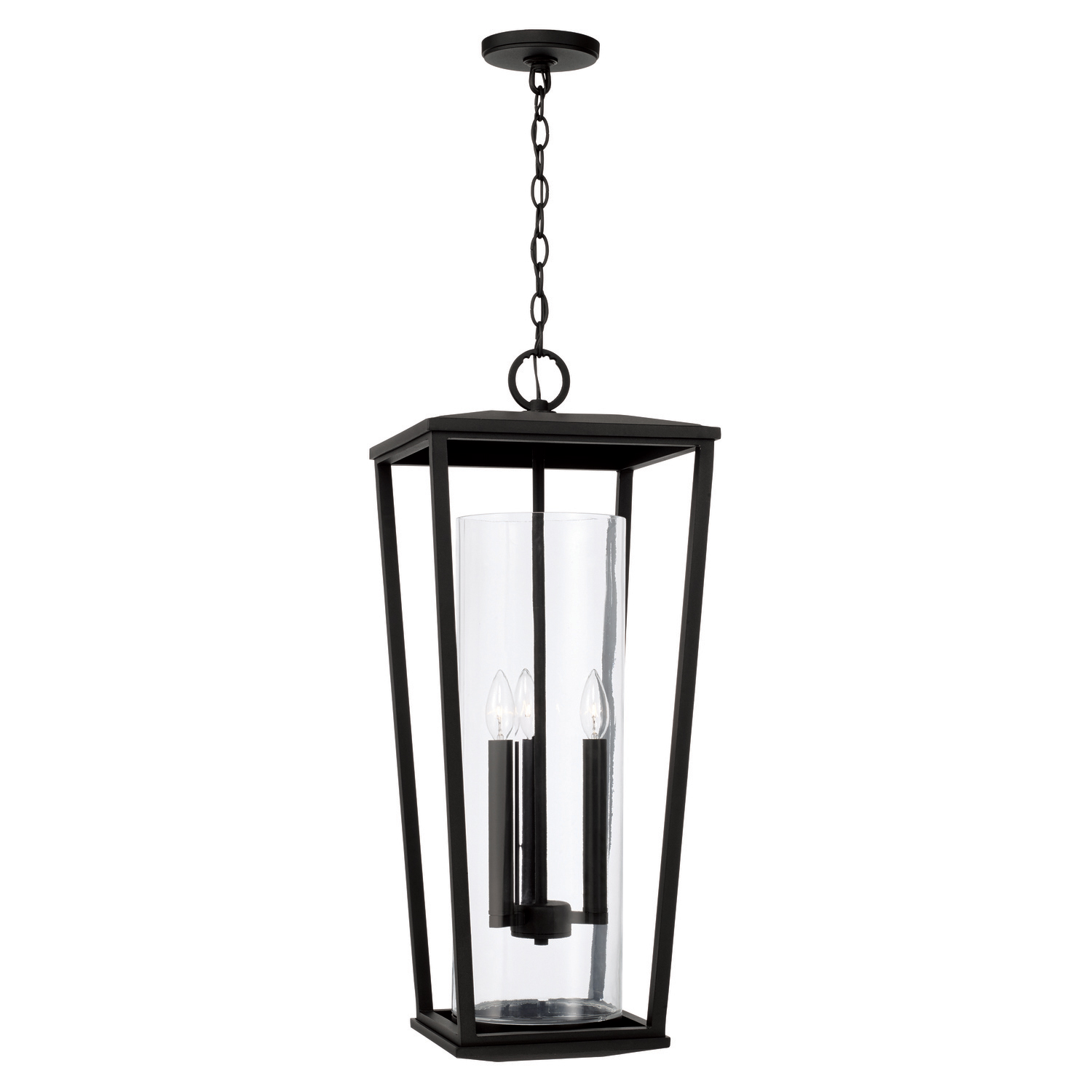 12.25"W x 30"H 3-Light Outdoor Hanging Lantern in Black with Clear Glass Cylinder
