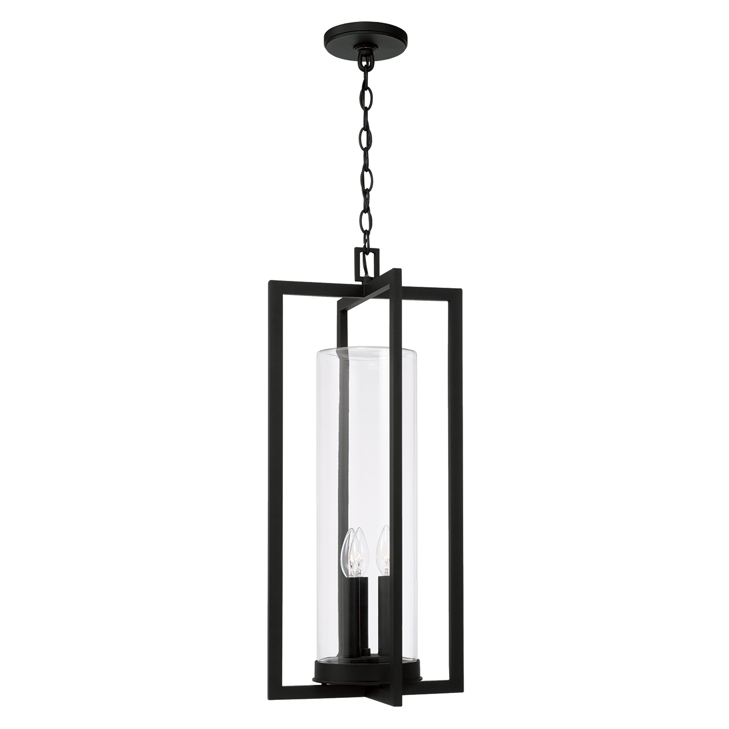 12"W x 27.25"H 3-Light Outdoor Hanging Lantern in Black with Clear Glass Cylinder