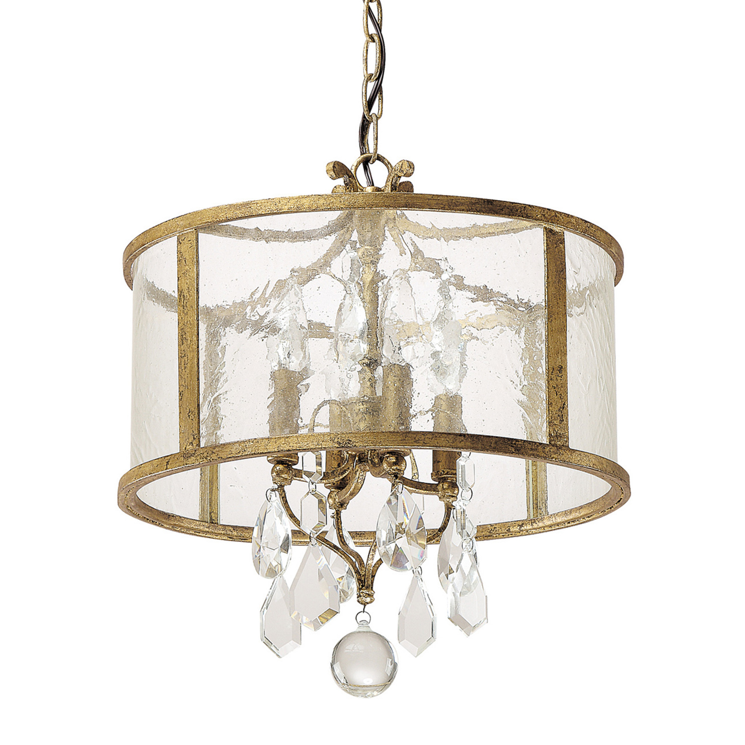 15" W x 16.5" H 4-Light Pendant in Antique Gold with Water Glass Shade and K9 Crystal Adornments