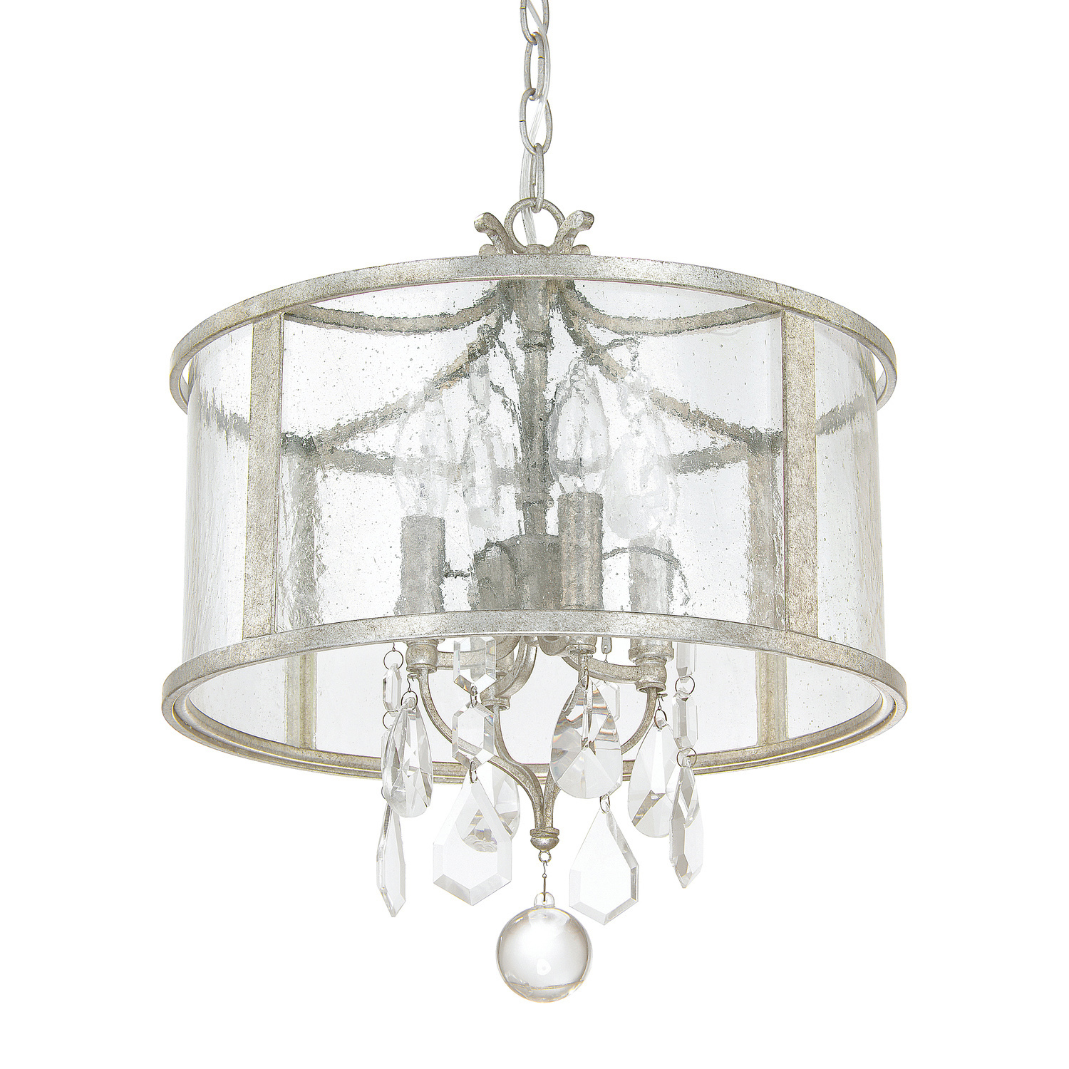 15" W x 16.5" H 4-Light Pendant in Antique Silver with Water Glass Shade and K9 Crystal Adornments
