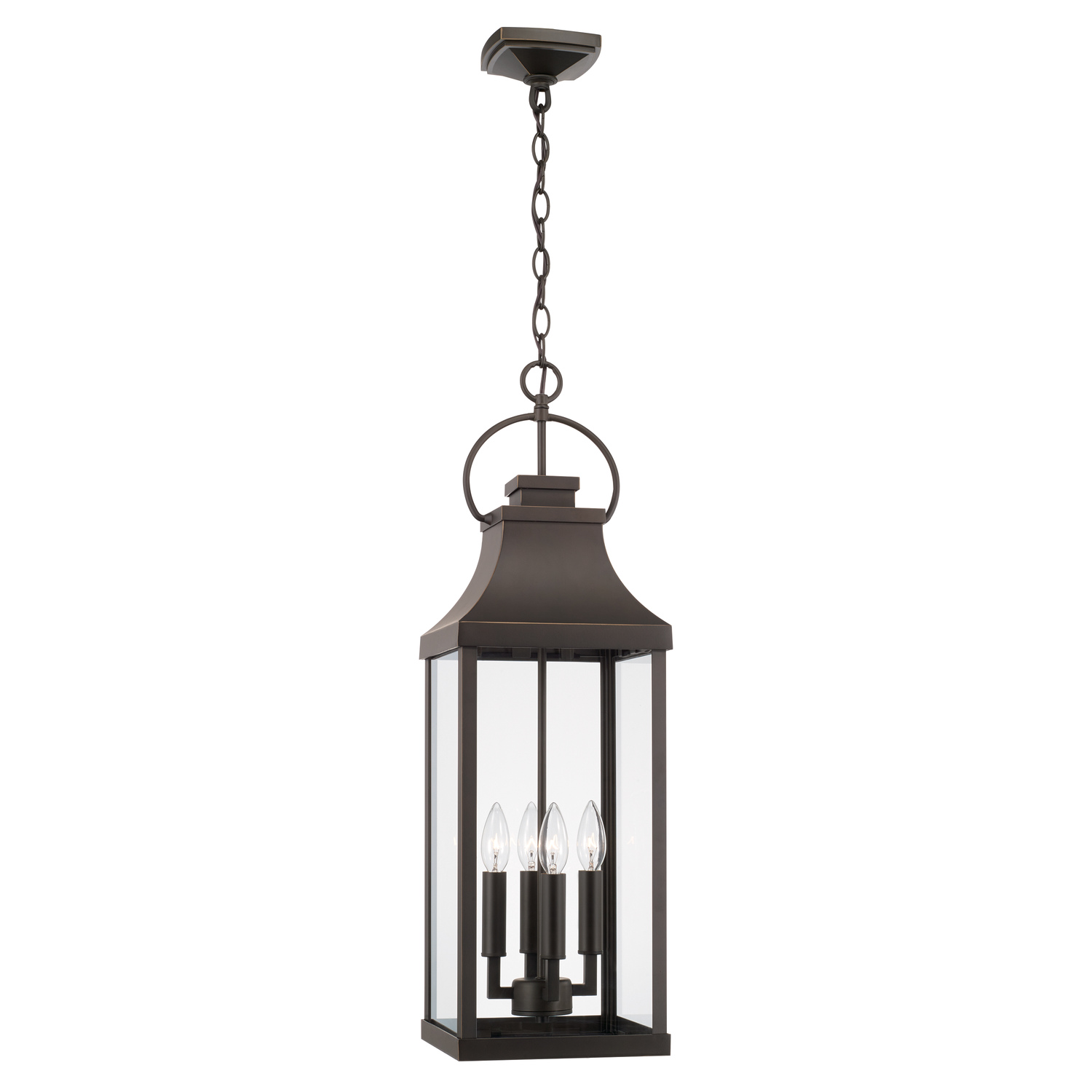 9" W x 29.5" H Outdoor 4-Light Hanging Lantern in Oiled Bronze with Clear Glass