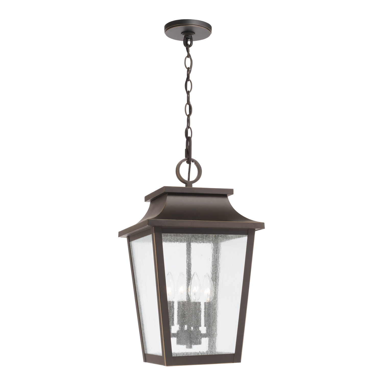 12"W x 21"H 4-Light Outdoor Tapered Hanging Lantern in Oiled Bronze with Ripple Glass