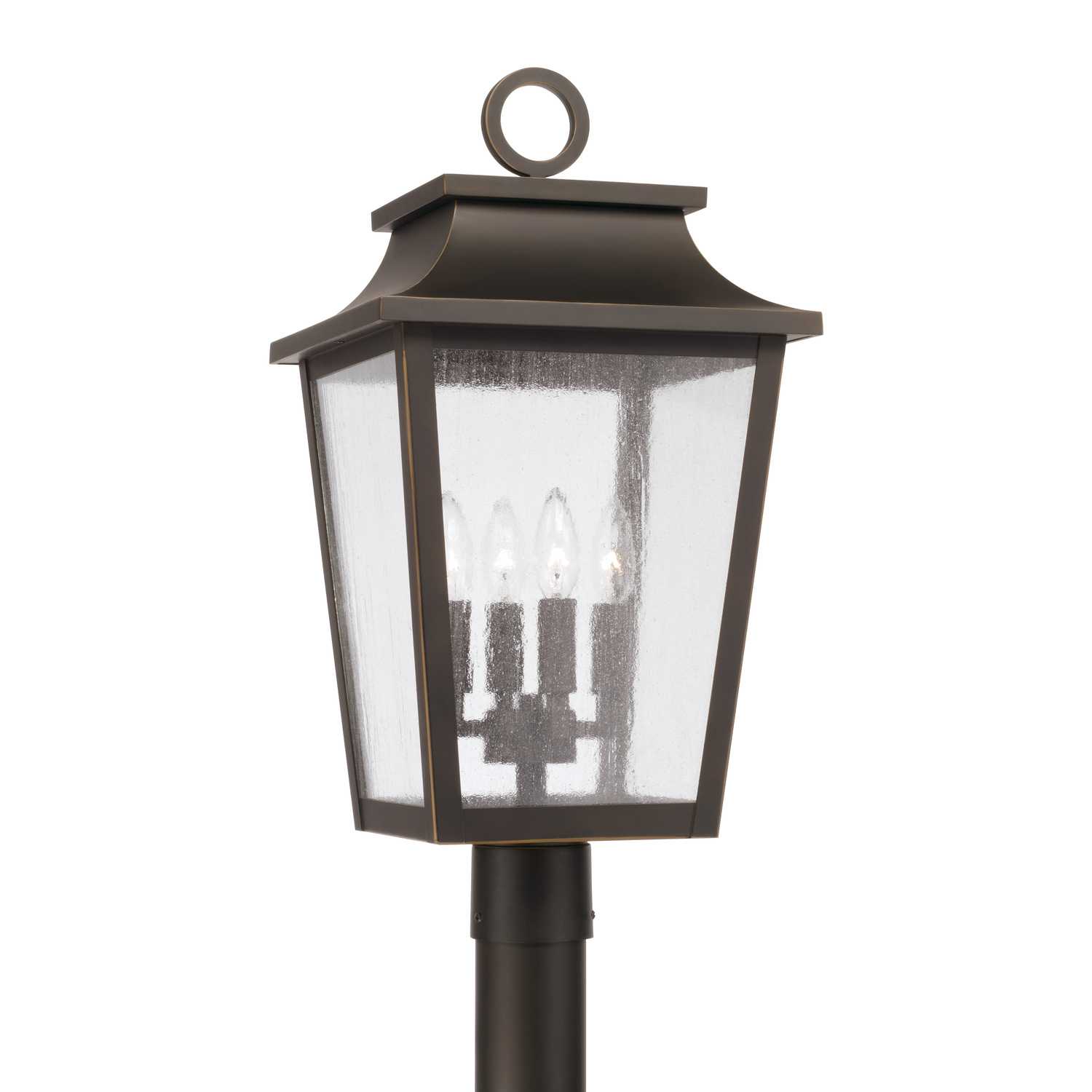 13"W x 23.75"H 4-Light Outdoor Tapered Post Lantern in Oiled Bronze with Ripple Glass