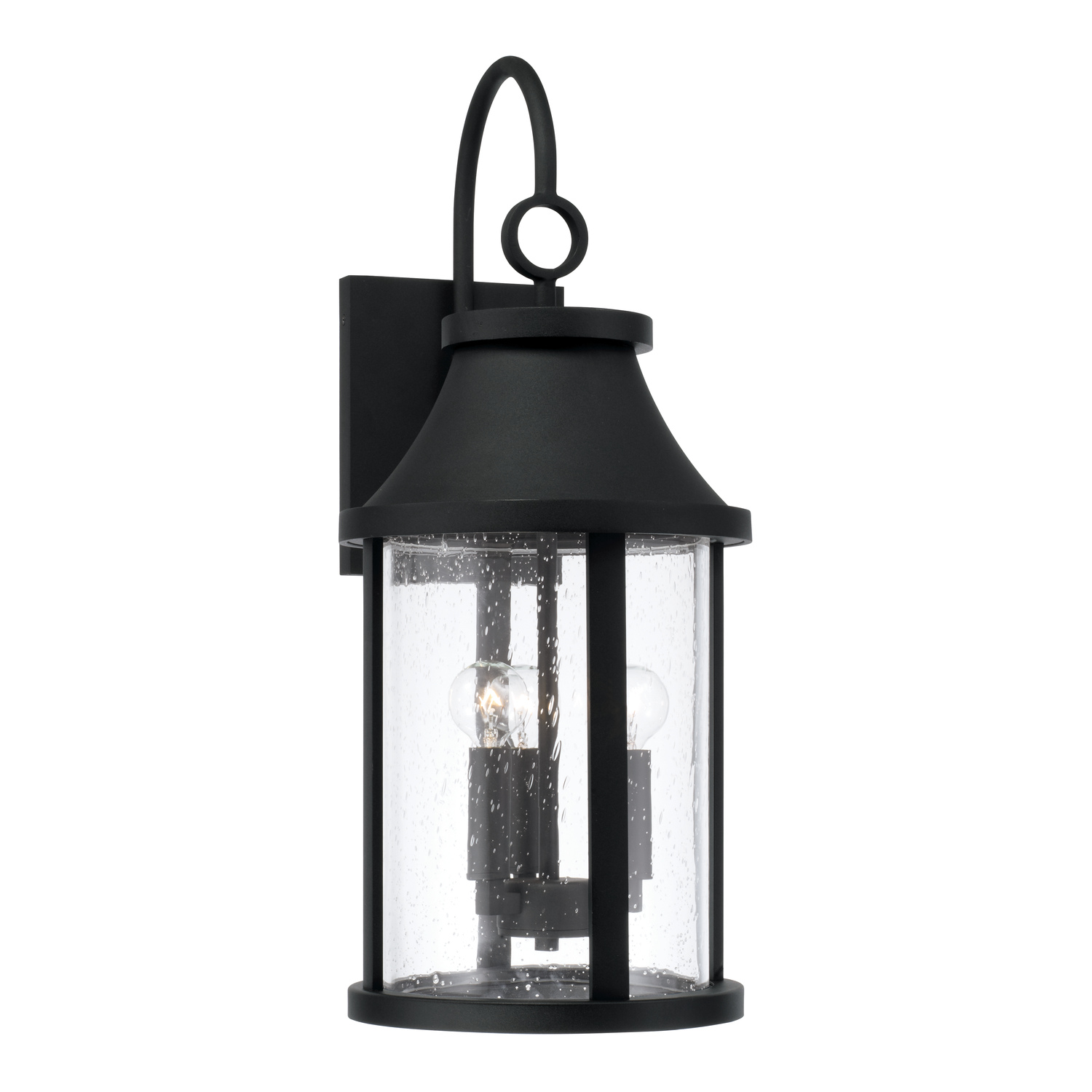 9.75"W x 24.50"H 3-Light Outdoor Cylindrical Wall Lantern in Black with Seeded Glass