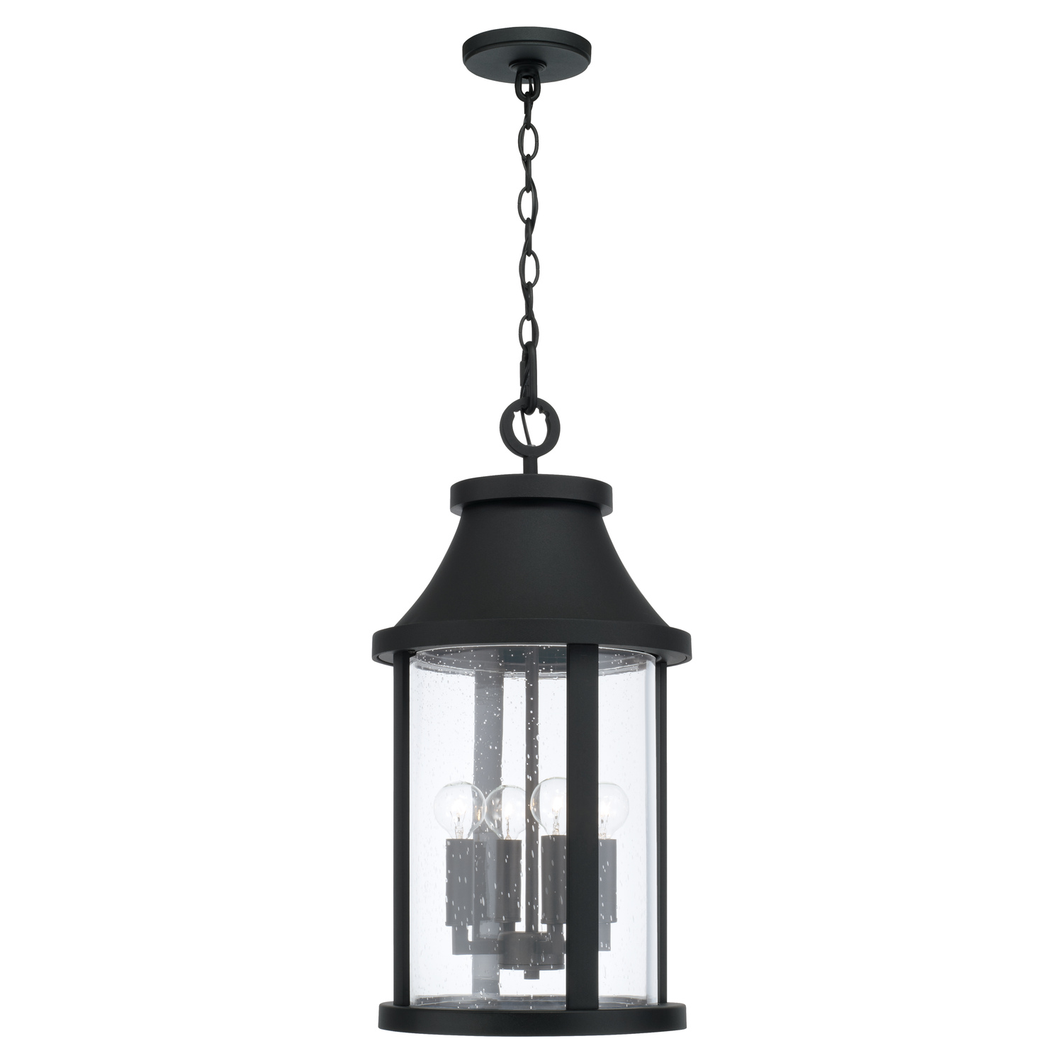 11.50"W x 23.50"H 4-Light Outdoor Cylindrical Hanging Lantern in Black with Seeded Glass