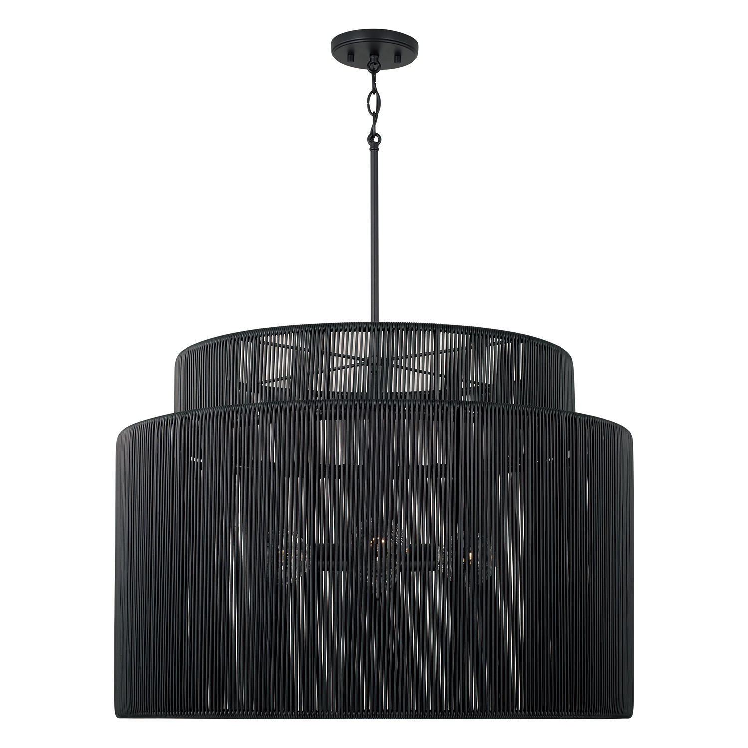 28.75" W x 20.25" H 3-Light Indoor Outdoor Pendant in Matte Black and Hand-wrapped Onyx Black Resin Rope