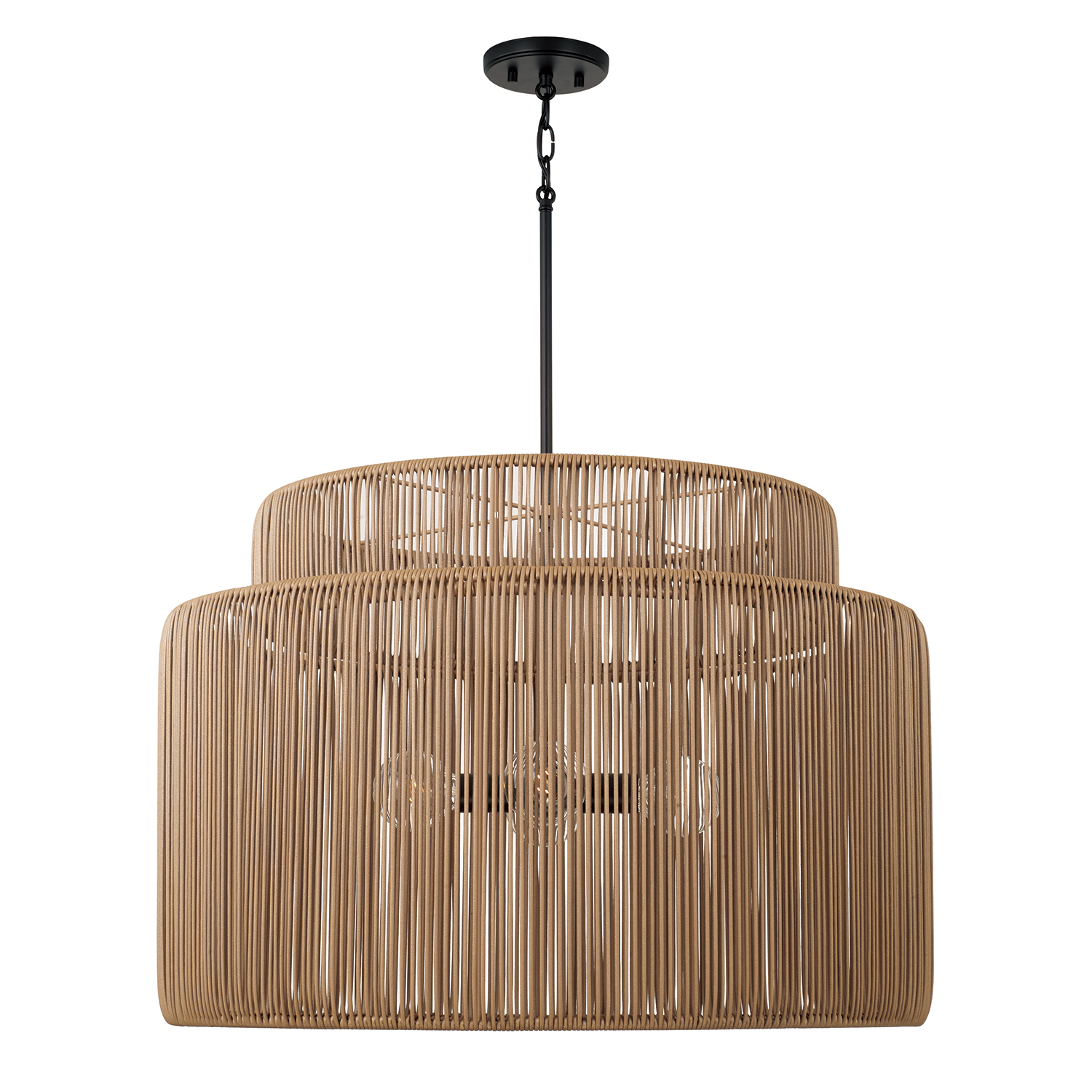 28.75" W x 20.25" H 3-Light Indoor Outdoor Pendant in Matte Black and Hand-wrapped Sienna Tan Resin Rope
