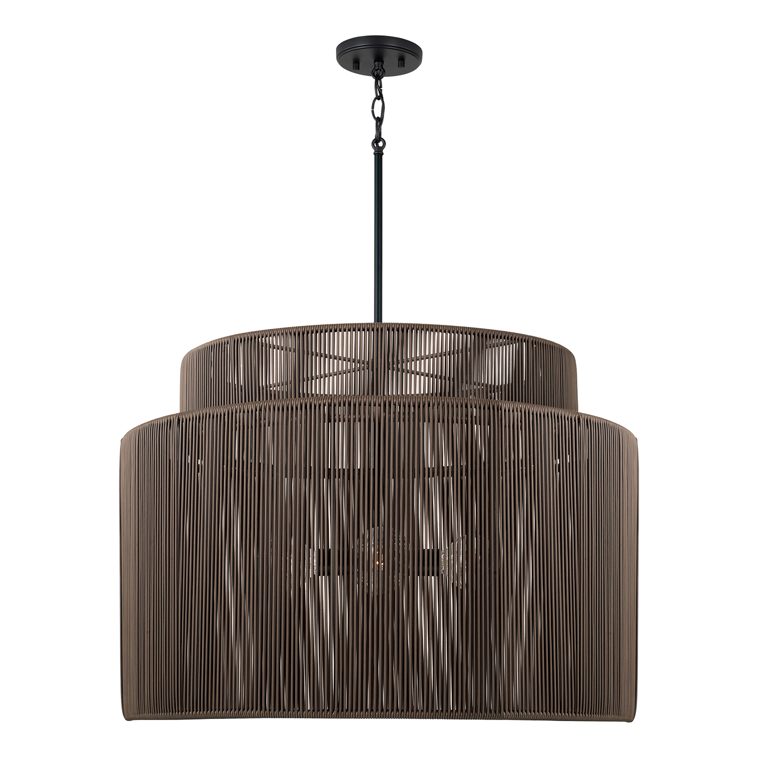 28.75" W x 20.25" H 3-Light Indoor Outdoor Pendant in Matte Black and Hand-wrapped Umber Brown Resin Rope