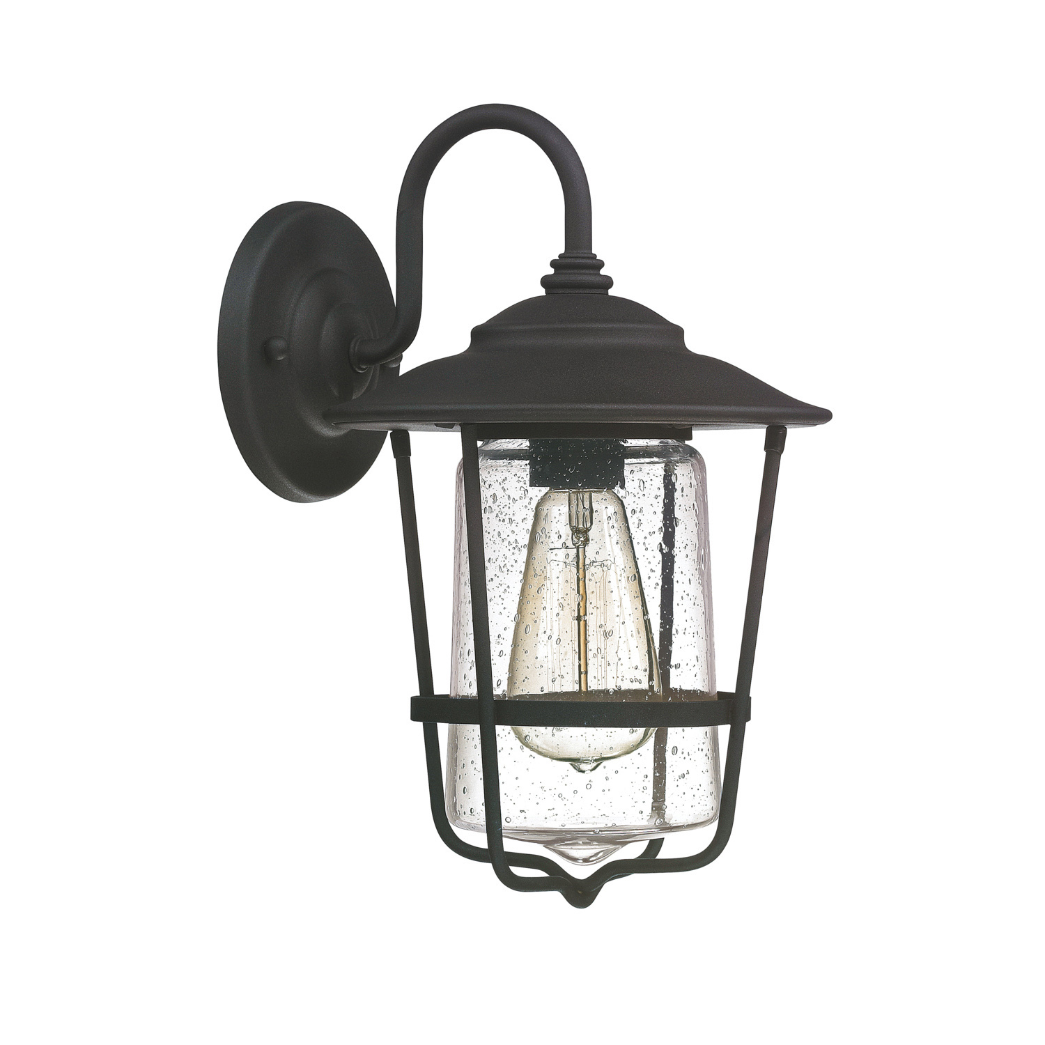 8"W x 13"H 1-Light Clear Seeded Glass Outdoor Wall Lantern in Black