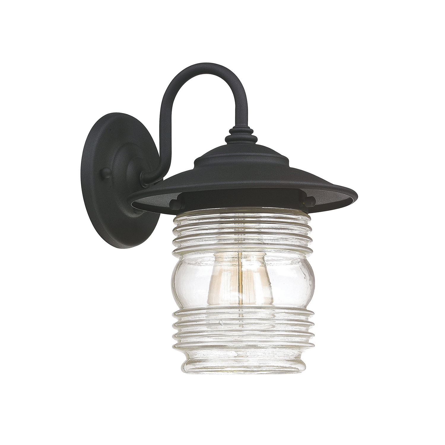 8"W x 11"H 1-Light Clear Ringed Glass Outdoor Wall Lantern in Black