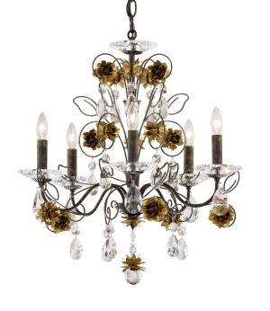 Camellia 5 Light 120V Chandelier in Antique Silver with Heirloom Gold Flowers and Clear Radiance Crystal