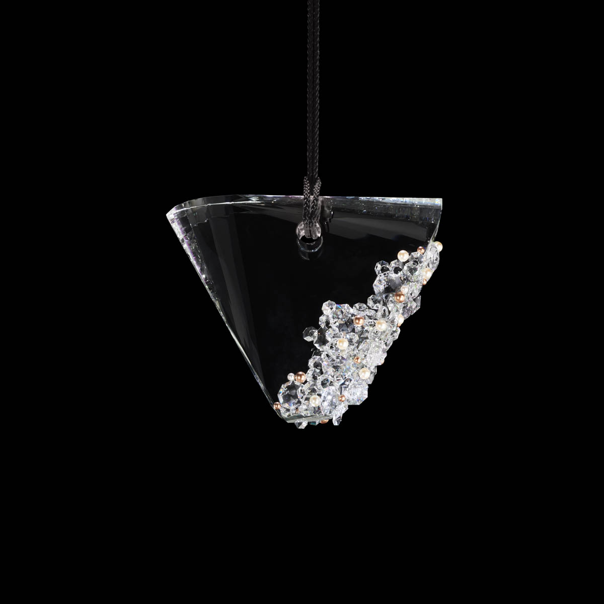 Addesion 12in LED 3000K/3500K/4000K 120-277V Mini Pendant in Polished Chrome with Clear Radiance Crystal and Black Rope