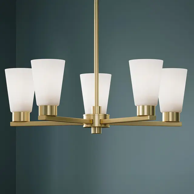 Stamos 24 inch 5 Light Chandelier with Satin Etched Glass in Brushed Gold