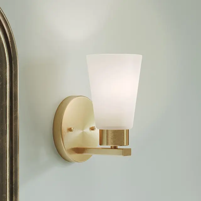 Stamos 8 inch 1 Light Wall Sconce with Satin Etched Glass in Brushed Gold