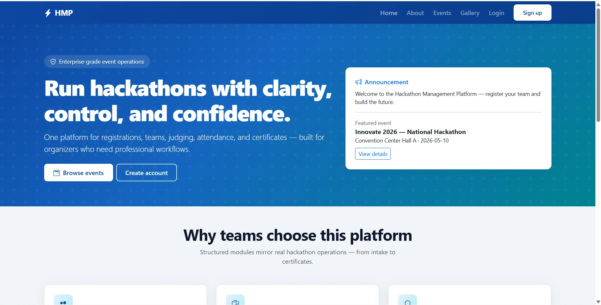 Hackathon Management Platform using PHP and MySQL live demo preview