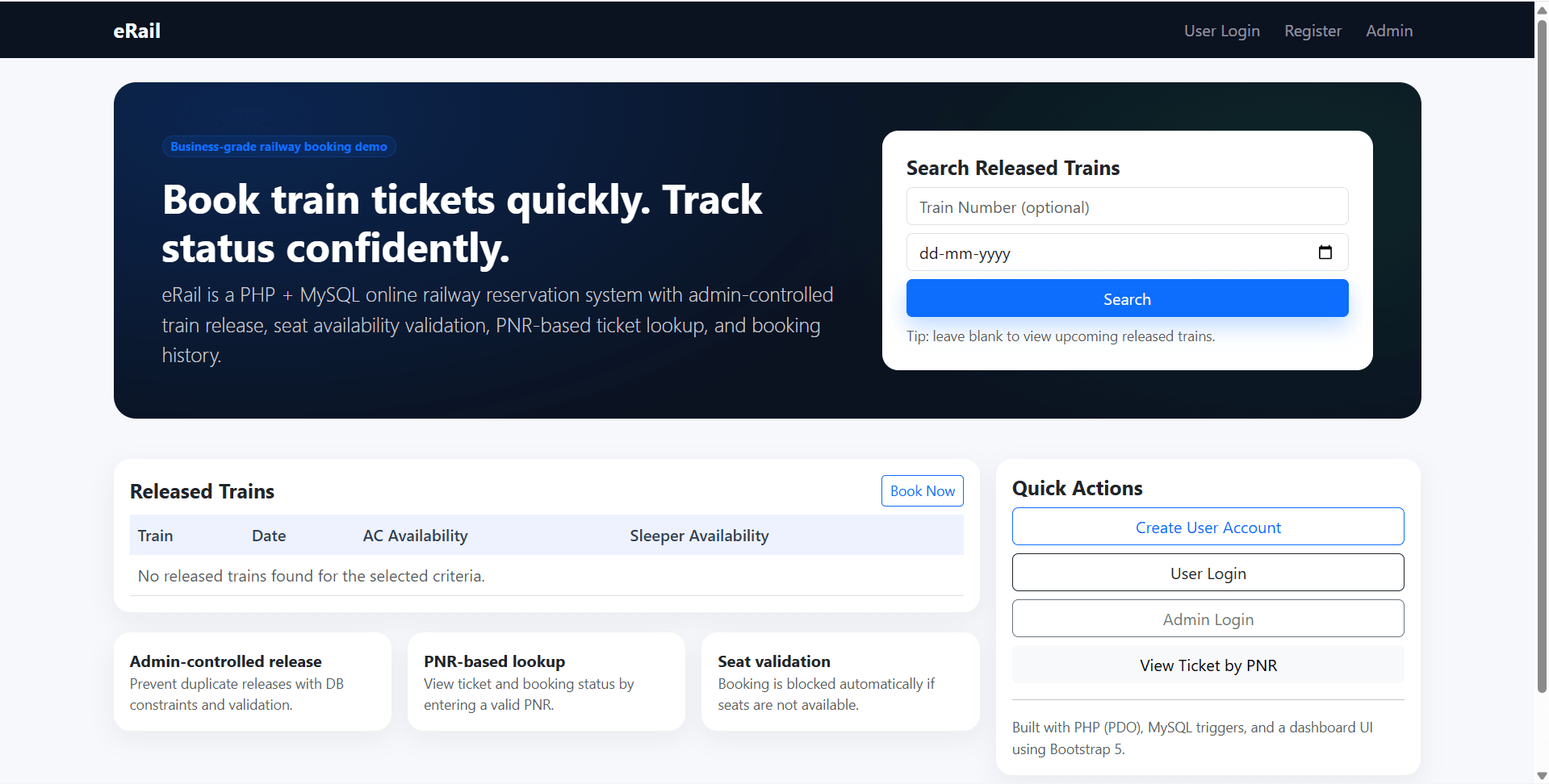eRail - An online railway reservation system live demo preview
