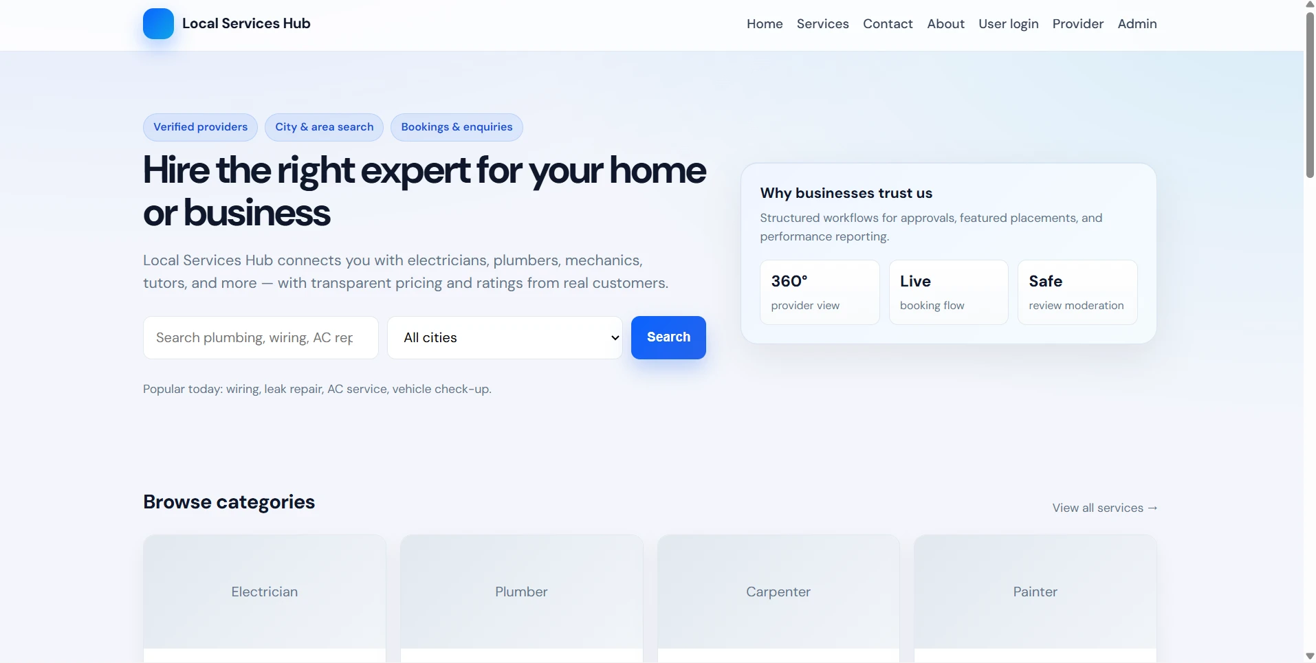 Local Services Search Engine Management System Using PHP and MySQL live demo preview