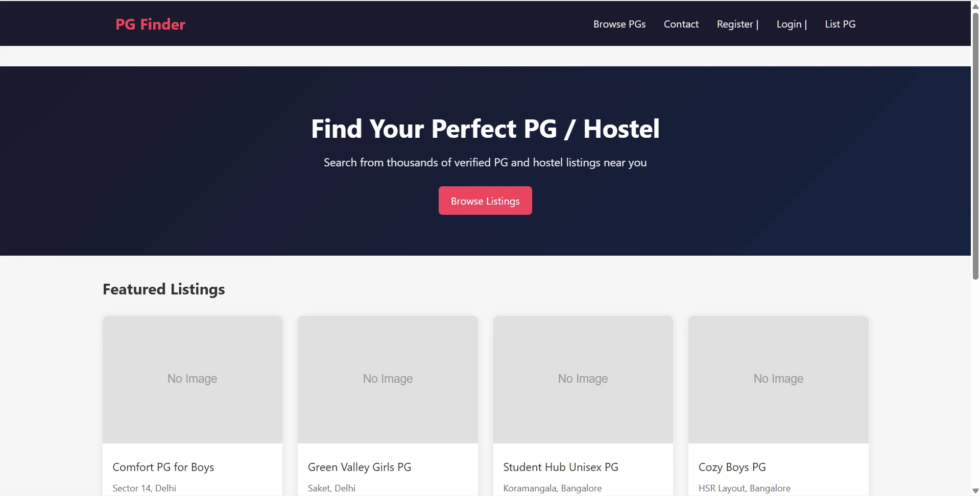 PG Hostel Finder Final Year PHP Project live demo preview