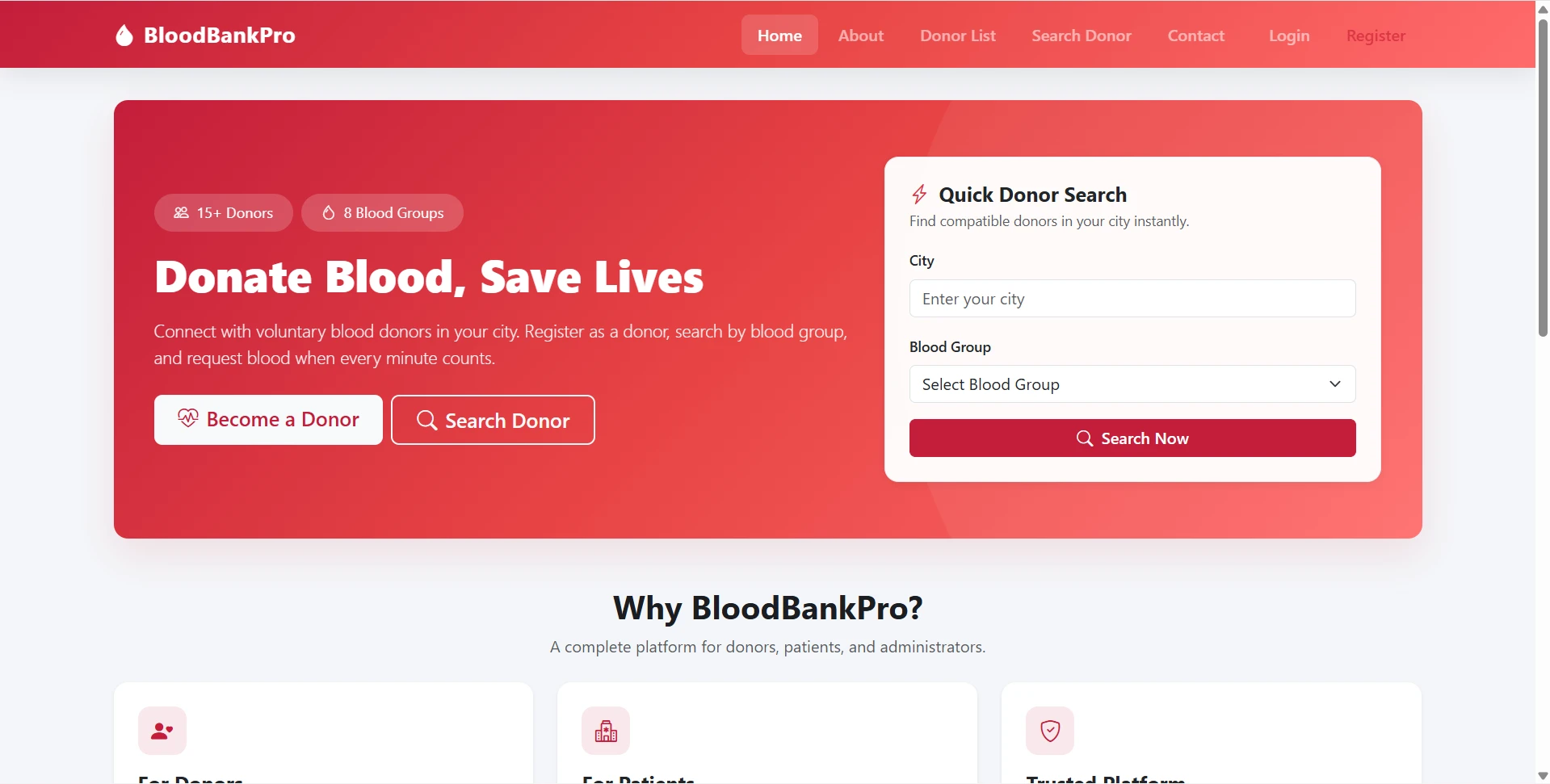 Blood Bank & Donor Management System using PHP and MySQL live demo preview