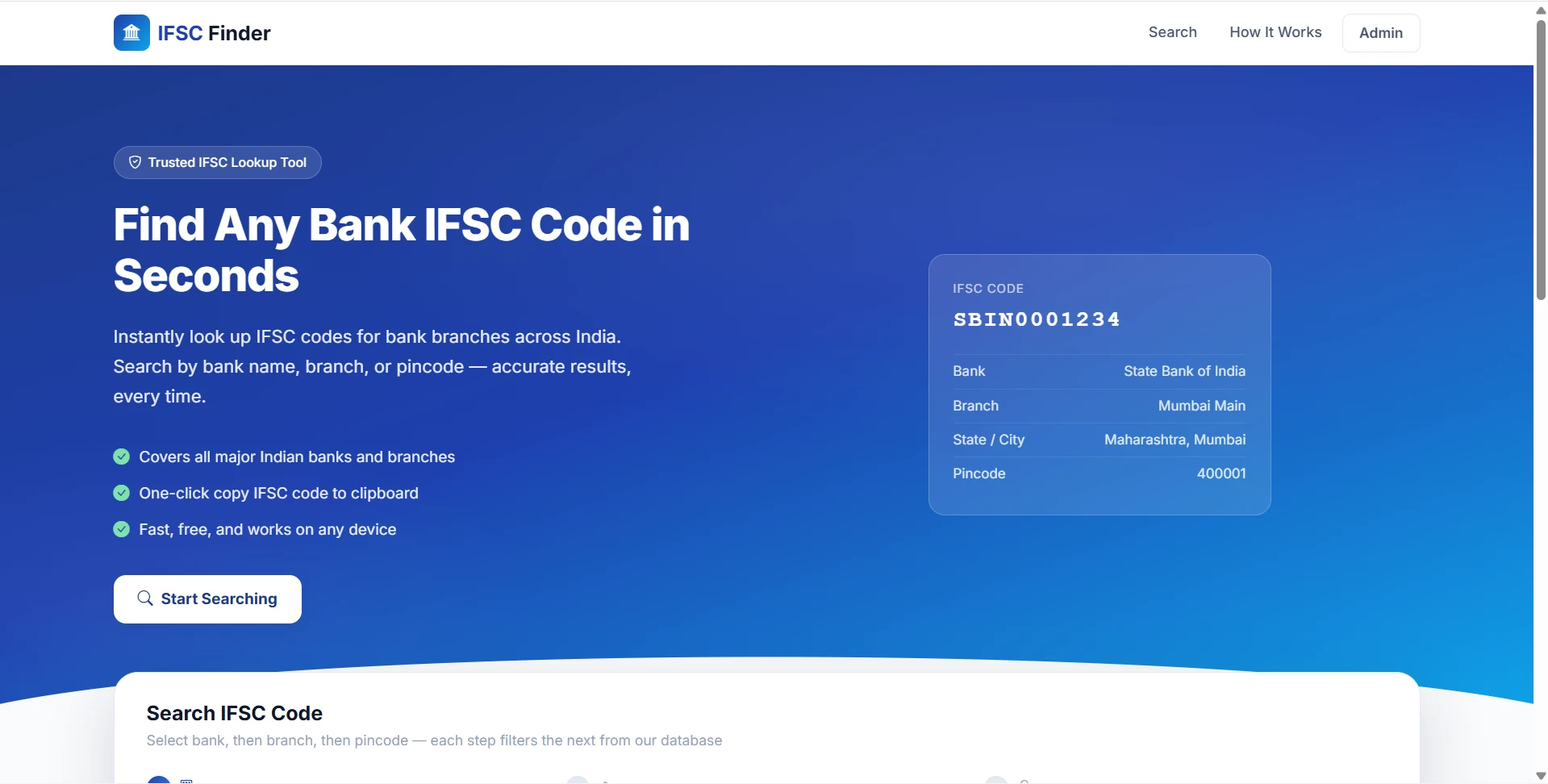 IFSC Code Finder Project Using PHP live demo preview