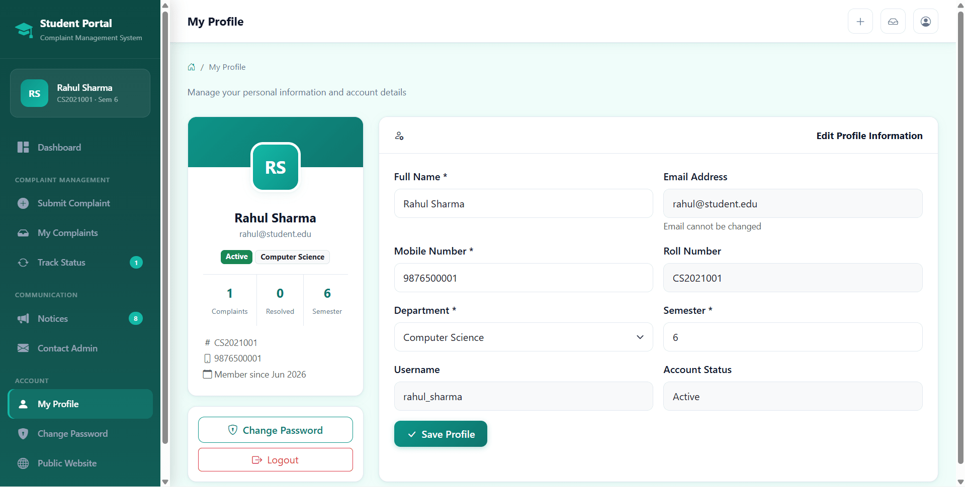 Complaint Management System Using Php and Mysql live demo preview