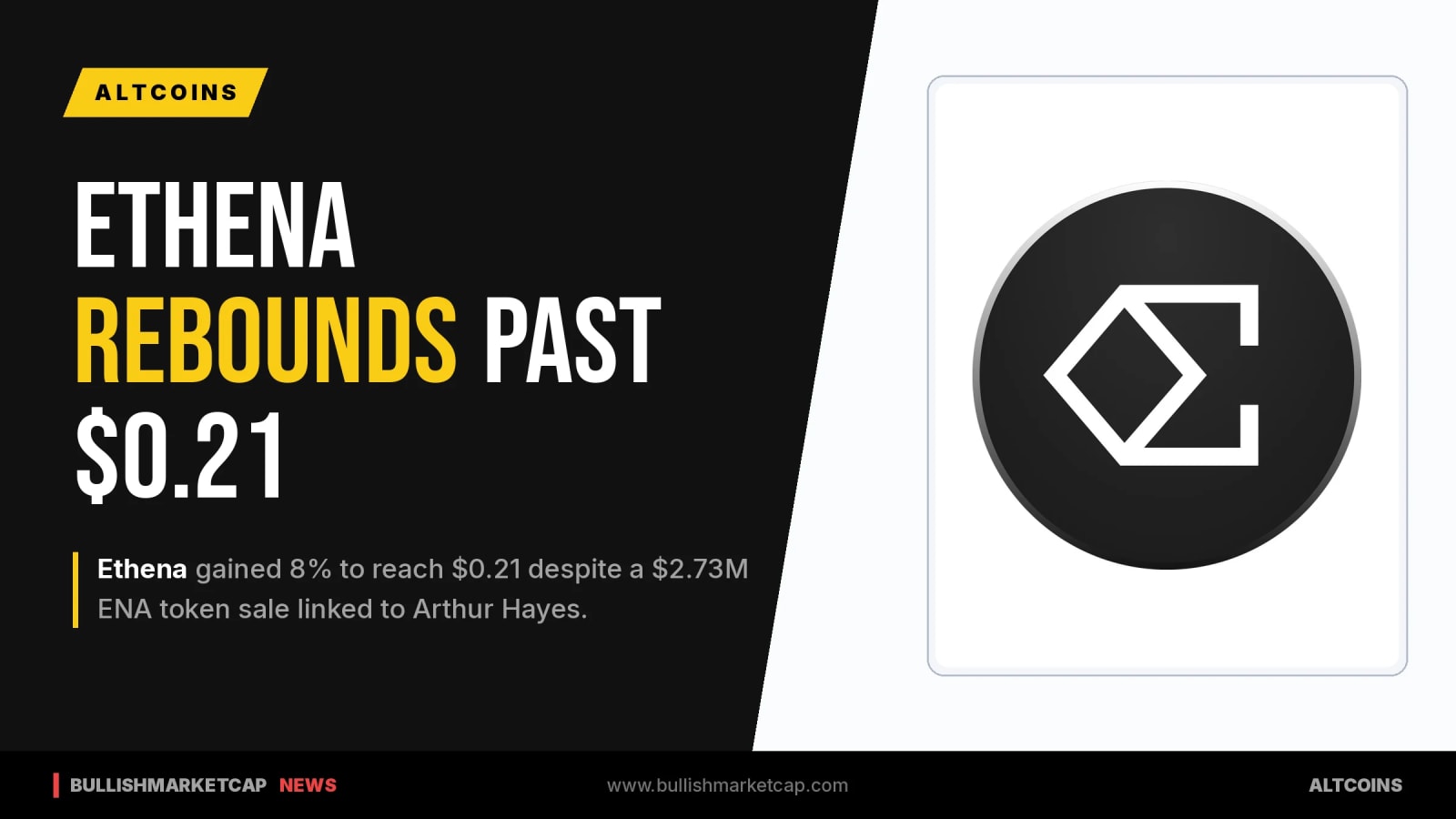Ethena Rebounds 8% to $0.21 Despite $2.7M Arthur Hayes Sale