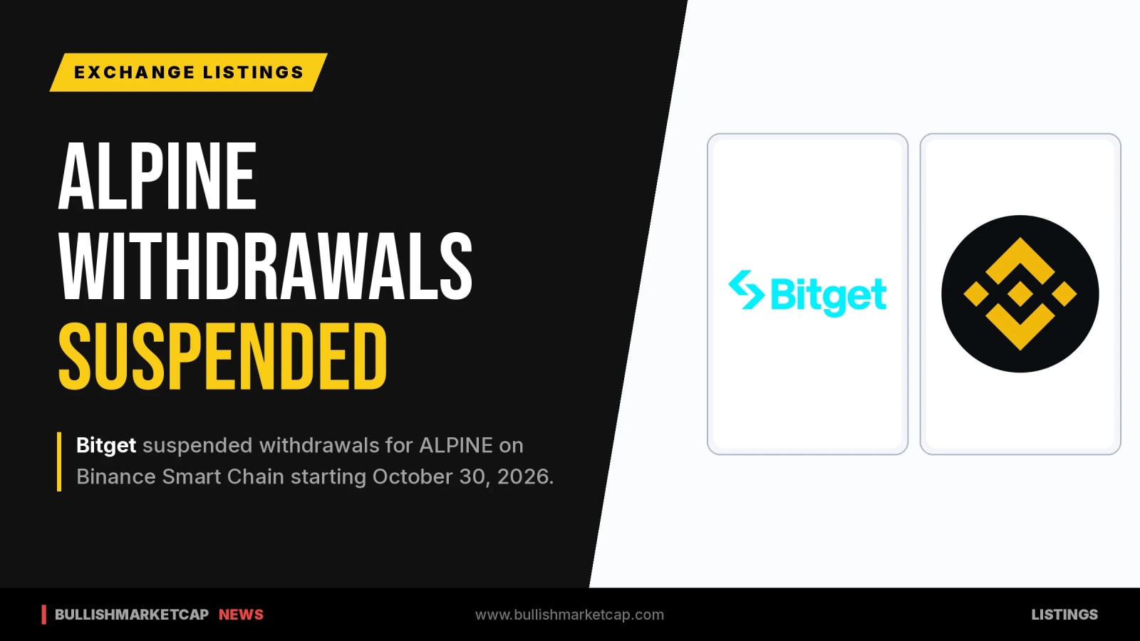 Bitget Suspends ALPINE Withdrawals on Binance Smart Chain