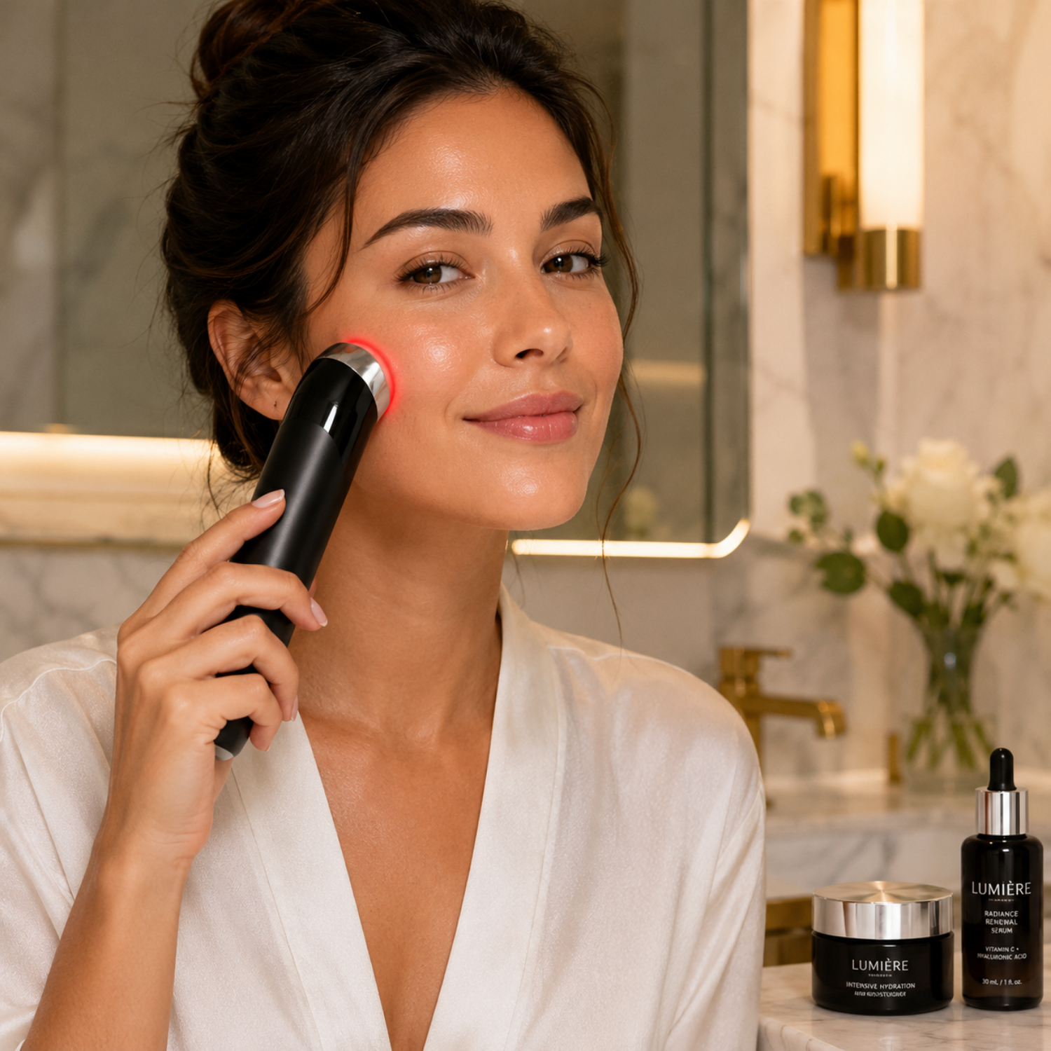 Imagine nr. 4 - Femeie folosind aparatul facial StfTauc Lumi Booster 4D