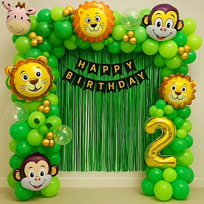 Arch setup for jungle theme decoration for kids birthday decoration 