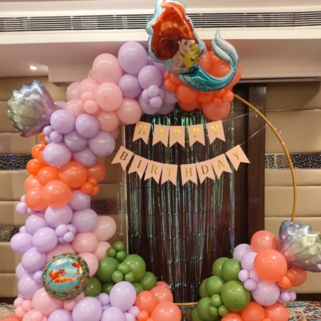 Mermaid theme decoration for kid's birthday party with ring setup 