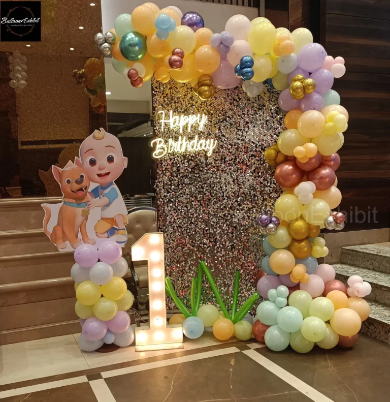 Cocomelon theme for kids birthday decoration with shiny backdrop 