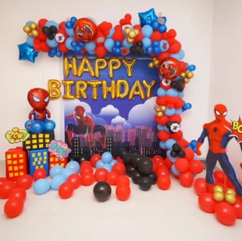 Spiderman theme decoration for kids birthday party with arch setup 