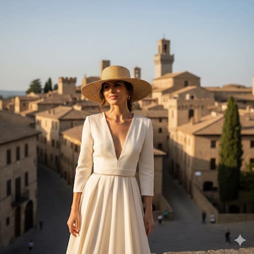 Donna elegante con vista sul quartiere San Pellegrino a Viterbo.