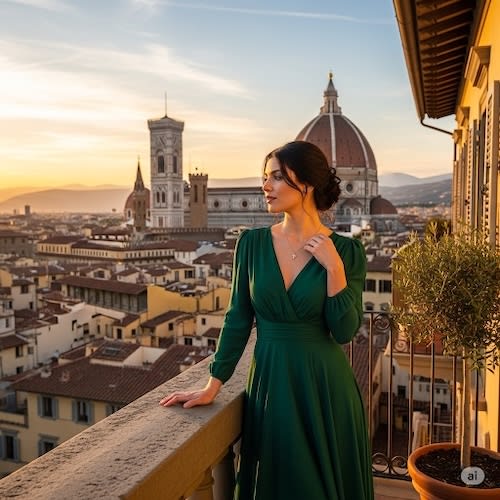 Donna elegante affacciata sui tetti di Firenze, vista Duomo