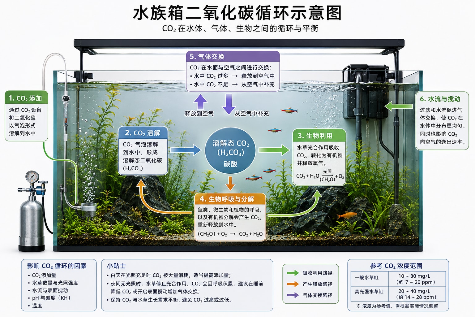 Aquarium CO₂ cycle — dissolved CO₂ shifts between gaseous, dissolved, and biological pools, consumed by photosynthesis and produced by respiration