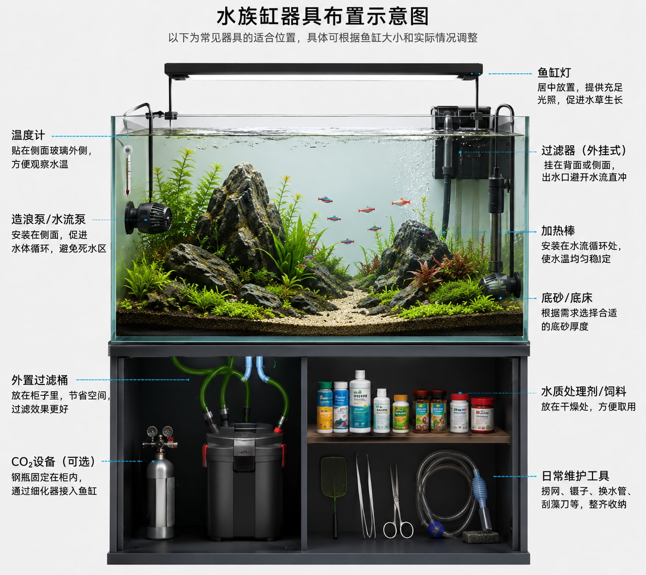 Annotated equipment layout — heater, filter, light, CO₂, and substrate placement in a typical planted tank