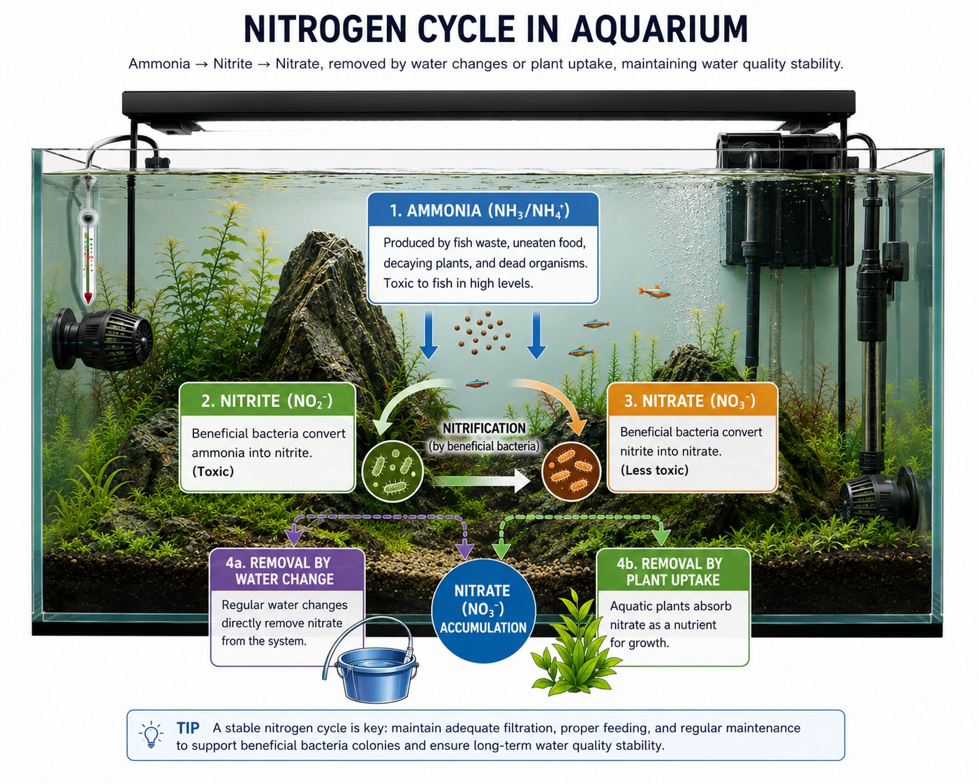 Nitrogen cycle schematic — ammonia (NH₃/NH₄⁺) is oxidized to nitrite (NO₂⁻), then to nitrate (NO₃⁻); nitrate is removed by water changes and plant uptake